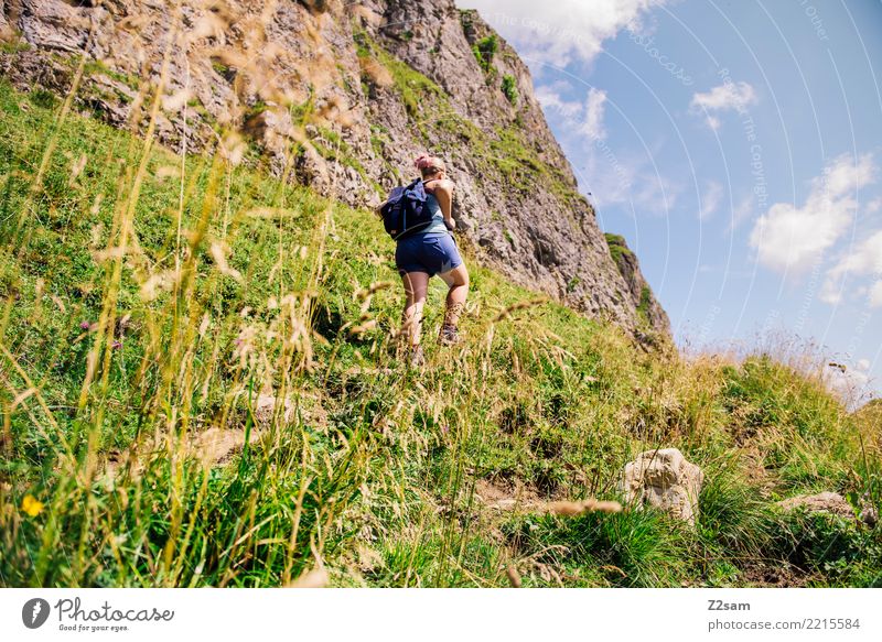 Ascent in Upper Bavarian Alps Mountain Hiking Young woman Youth (Young adults) 30 - 45 years Adults Nature Landscape Summer Beautiful weather Bushes Backpack