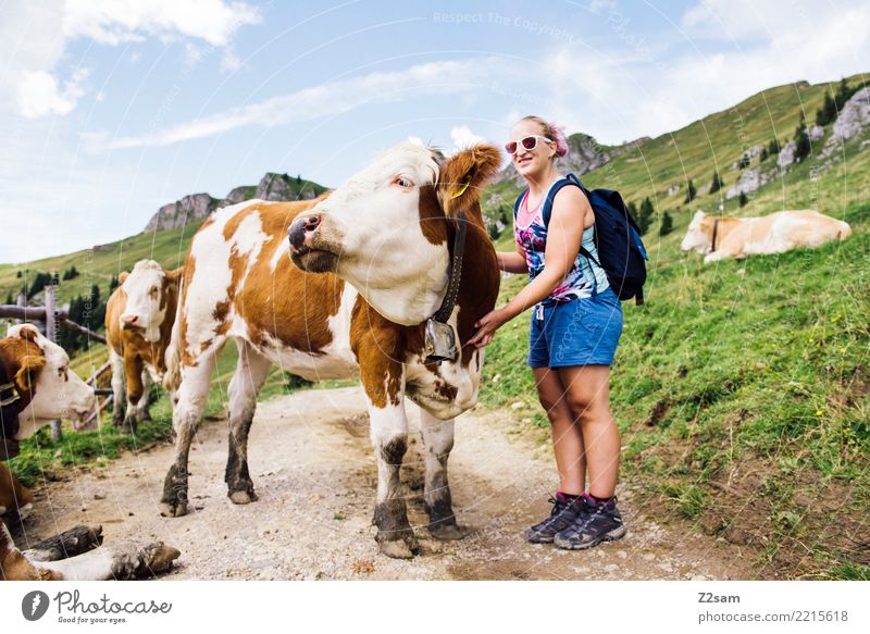 and one last time Hiking Young woman Youth (Young adults) 18 - 30 years Adults Nature Landscape Beautiful weather Alps Mountain Backpack Blonde Cow Relaxation