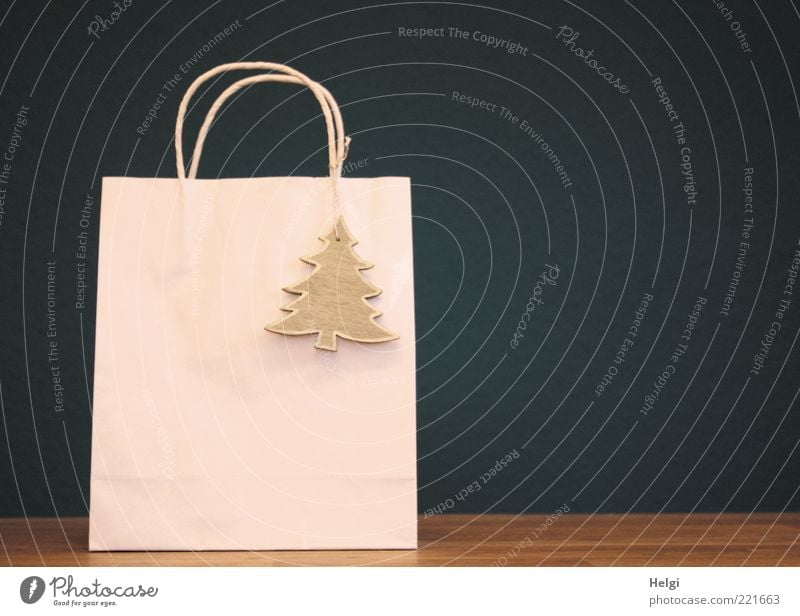 Paper bag with wooden fir tree pendant in front of dark background Feasts & Celebrations Stand Esthetic Beautiful Uniqueness Modern Blue Brown Silver White