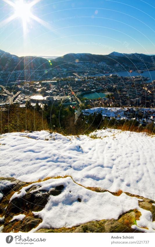 Bergen - Norway Far-off places Freedom Landscape Sky Horizon Sun Beautiful weather Snow Mountain Fjord Europe Town Populated Freeze To enjoy Illuminate Blue