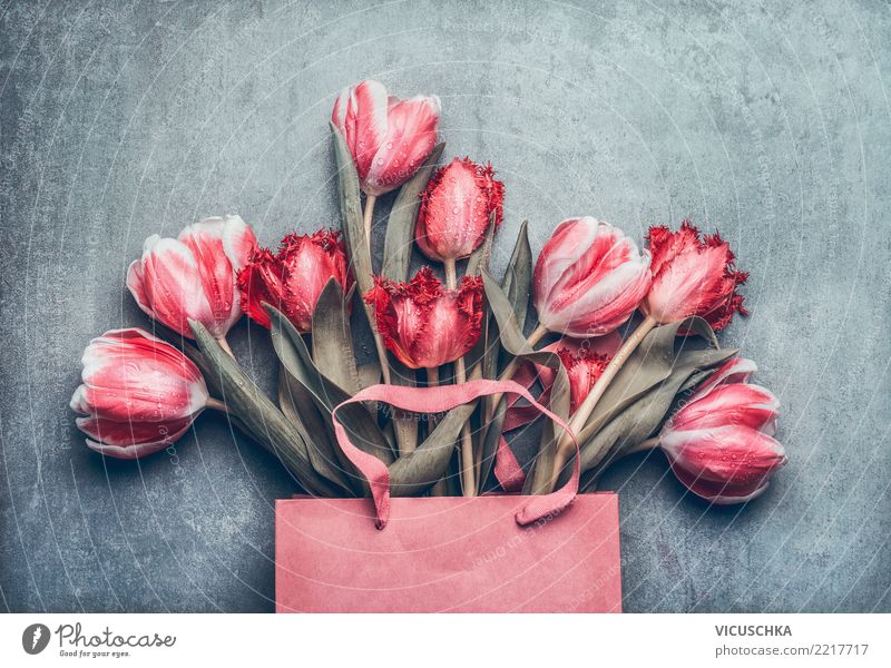 Shopping bag with beautiful tulips Style Design Feasts & Celebrations Valentine's Day Mother's Day Wedding Birthday Nature Spring Flower Tulip Decoration