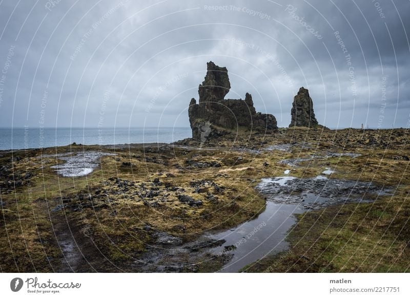 Londrangar Nature Landscape Water Sky Clouds Spring Weather Bad weather Rain Grass Rock Coast Ocean Lighthouse Gigantic Brown Gray Iceland Snæfellsjökull