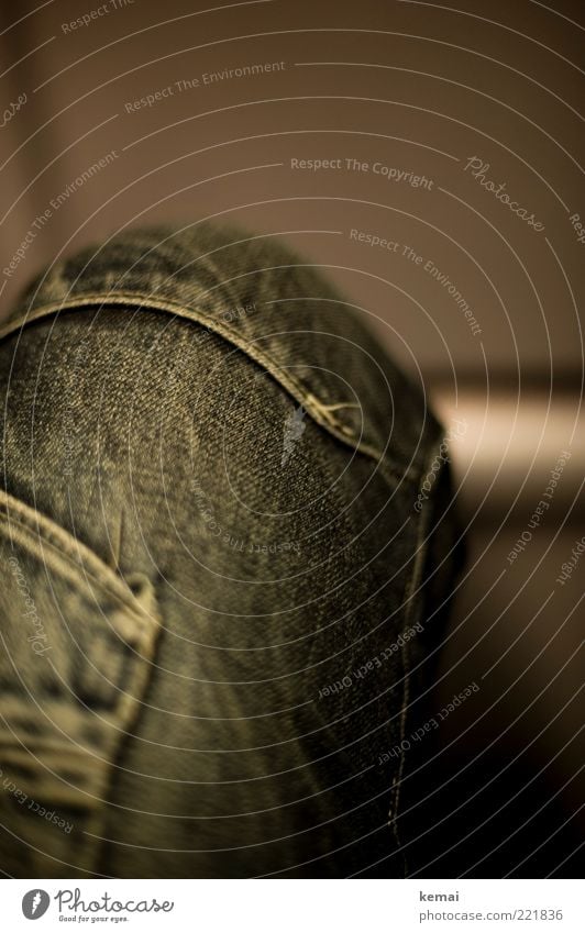 Jeans knee (LT Ulm 14.11.10) Legs Knee Thigh Human being Clothing Pants Denim Stitching Sit Blue Gray Colour photo Subdued colour Interior shot Close-up Detail