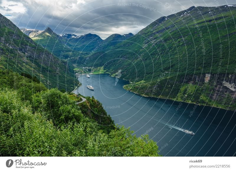 View of the Geirangerfjord in Norway Relaxation Vacation & Travel Tourism Cruise Mountain Nature Landscape Water Clouds Tree Rock Fjord Tourist Attraction Idyll