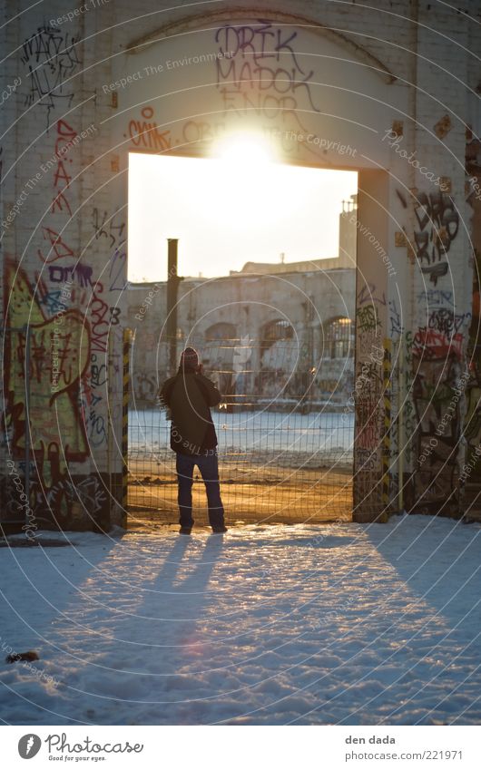 Berlin ruin Youth culture Subculture Old town Industrial plant Factory Architecture Facade Concrete Sign Graffiti Looking Simple Exterior shot Copy Space bottom