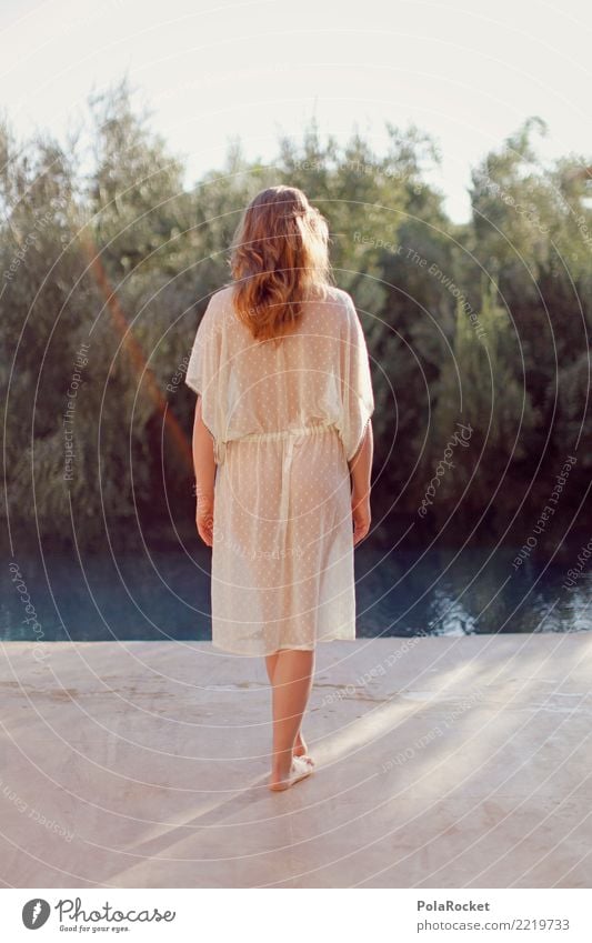 #A# Girl at the Pool Art Esthetic Woman Feminine Delicate Morning Photo shoot pool Swimming pool Barefoot Decent Noble Transparent Bottom Dress Fashion