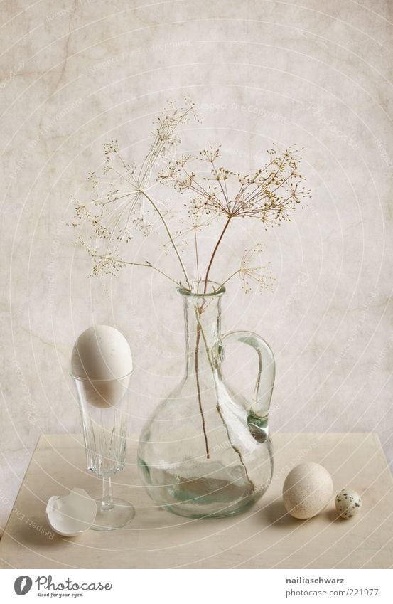 still life Food Egg Hen's egg Quail's egg Nutrition Glass Still Life Vase Esthetic Gray White Colour photo Subdued colour Studio shot Deserted