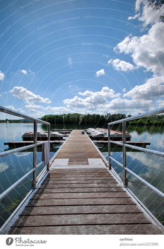 Waiter, I'd like my jetty medium! Beautiful weather Relaxation Lake Footbridge Jetty Handrail High-grade steel Watercraft Pedalo Reflection Clouds Blue White