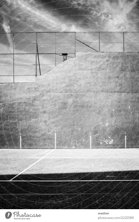 playing field Deserted Places Playground Wall (barrier) Wall (building) Sharp-edged Black White Sky Line Metal grid Playing field Signs and labeling