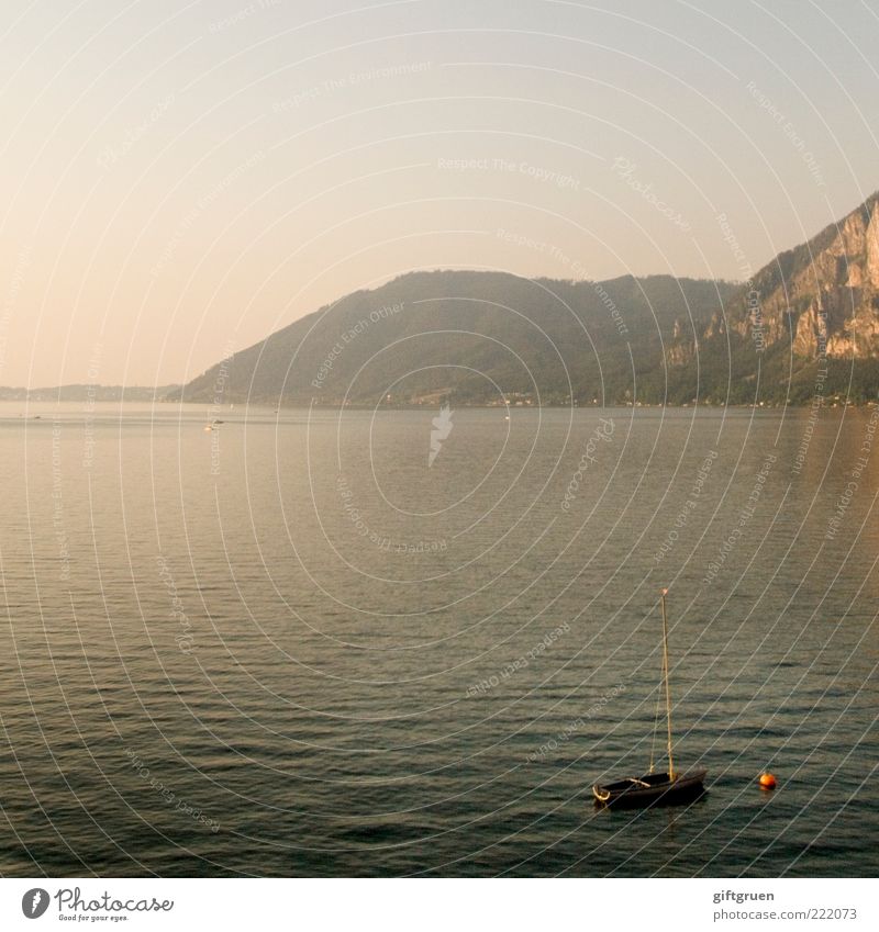 summer evening Environment Nature Landscape Elements Water Sky Cloudless sky Sunrise Sunset Sunlight Summer Hill Rock Mountain Lakeside Calm Sailboat Buoy