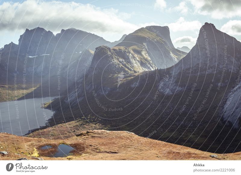 A bird's eye view of the mighty mountain panorama of Lofoten Nature Landscape Elements Peak Fjord Island Norway Exceptional Dark Exotic Fantastic Gigantic Large