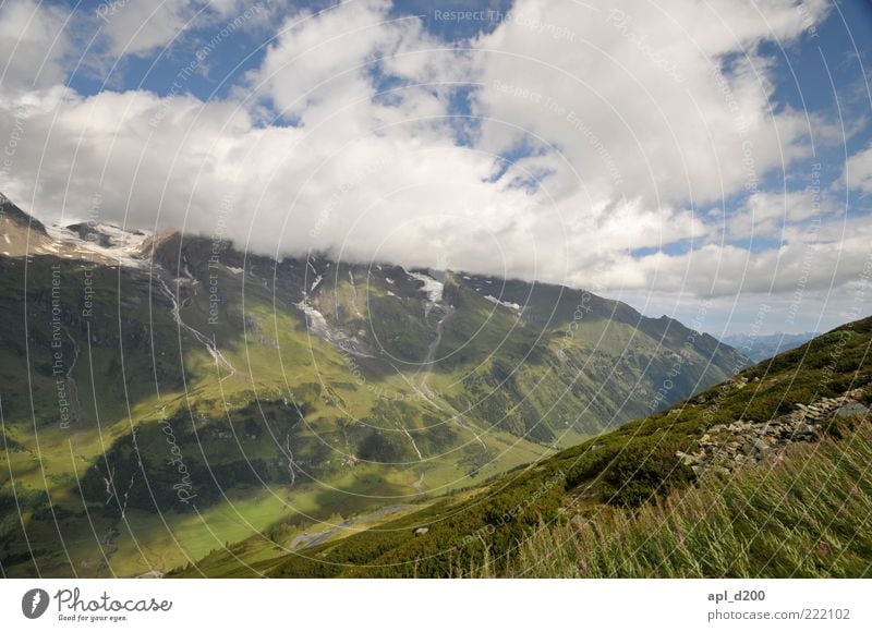 descending diagonal Summer Mountain Authentic Blue Green White Life Esthetic Alps Grossglockner Meadow Colour photo Exterior shot Deserted Copy Space top Day