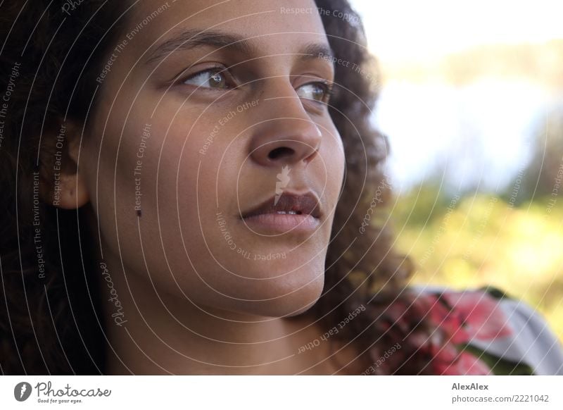 Close portrait of tall beautiful woman with long dark curly hair in nature pretty Young woman Youth (Young adults) Face 18 - 30 years Adults Summer Autumn