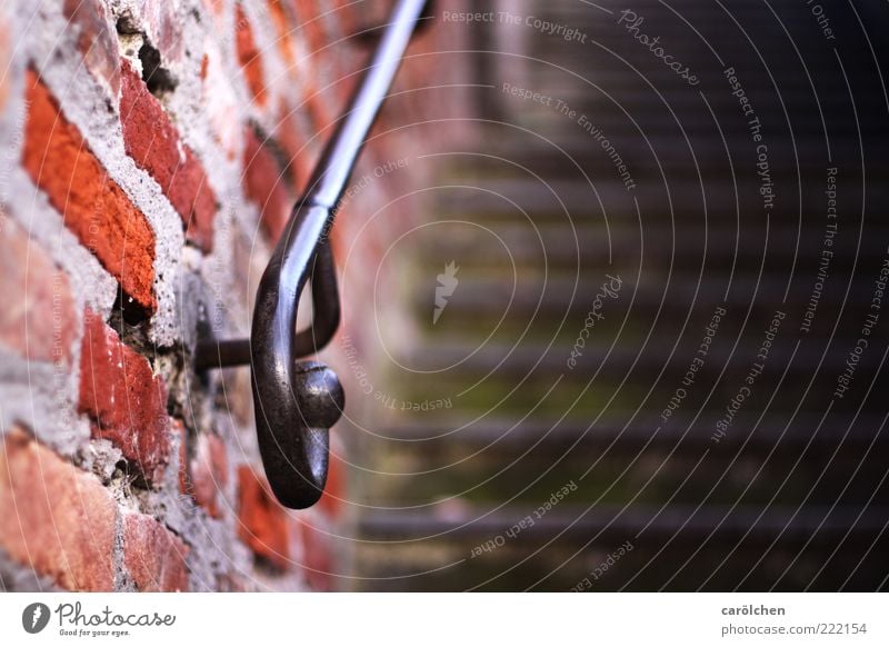 Railing (LT Ulm 14.11.10) Deserted Wall (barrier) Wall (building) Stairs Green Red Banister Brick Door handle Colour photo Detail Copy Space right