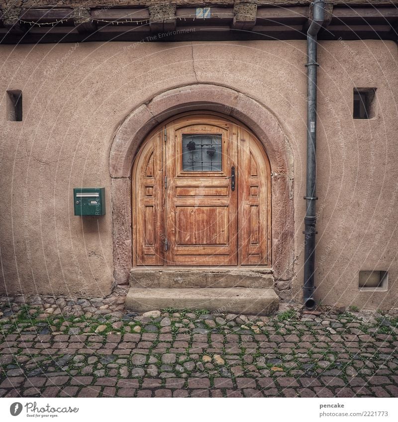 l'entrée Old town House (Residential Structure) Architecture Facade Window Door Historic Front door Cobblestones Cozy Wooden door Alsace Colour photo