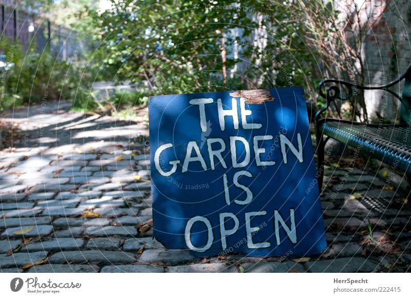 Brooklyn Public Garden Plant Stone Wood Metal Characters Signs and labeling Blue Gray Green Open Clue Cobblestones Park bench Colour photo Exterior shot