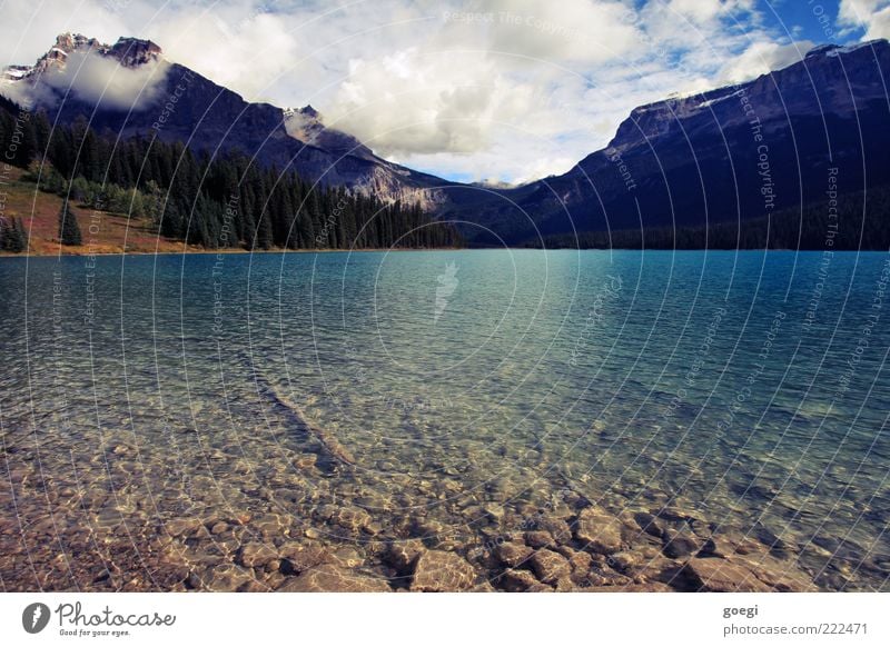 A day at the lake Environment Nature Landscape Water Sky Clouds Beautiful weather Forest Hill Mountain Lakeside Lake Emerald Canada Fluid Esthetic Loneliness