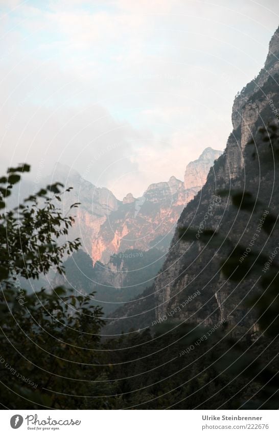 Morning sun and fog in the Dolomites Landscape Sky Autumn Alps Mountain Massive Peak Canyon Sharp-edged Gigantic Bleak Sparse Dawn Rock Tall Steep Dangerous