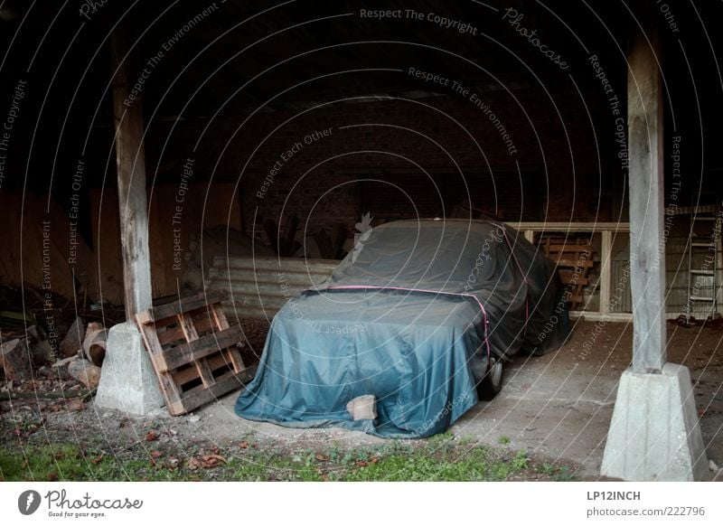 Well-covered dreams. Vehicle Car Vintage car Dirty Mysterious Calm Stagnating Barn Youngtimer Covers (Construction) Hide Hiding place Protective cover