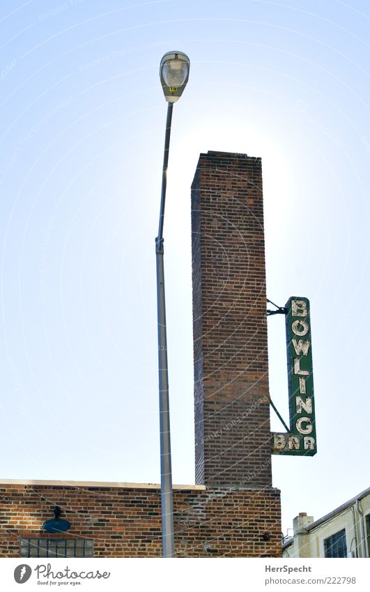 bowling bar Deserted Building Wall (barrier) Wall (building) Chimney Characters Signs and labeling Blue Gray Green Red Bowling alley Bar Neon sign Lantern