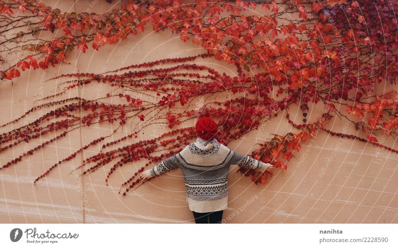 Back view of a woman and a wall with a red ivy Style Design Exotic Harmonious Well-being Senses Calm Human being Feminine Woman Adults Youth (Young adults) 1