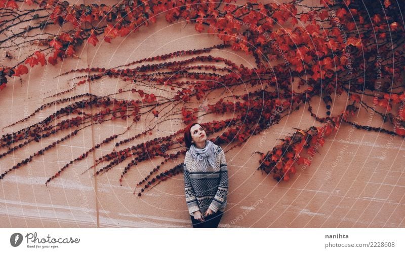 Young woman in a wall with red ivy Lifestyle Style Design Exotic Wellness Harmonious Human being Feminine Youth (Young adults) 1 18 - 30 years Adults Nature