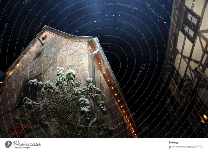 Mary and Joseph are looking for a hostel House (Residential Structure) Snowfall Barn Half-timbered facade Half-timbered house Fairy lights Starry sky