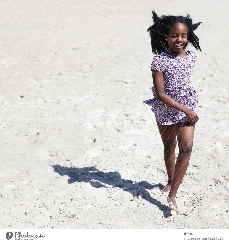 beach run Feminine Girl 1 Human being Sand Beach Baltic Sea Dress Black-haired Long-haired Movement Laughter Walking Running Happiness Happy Beautiful