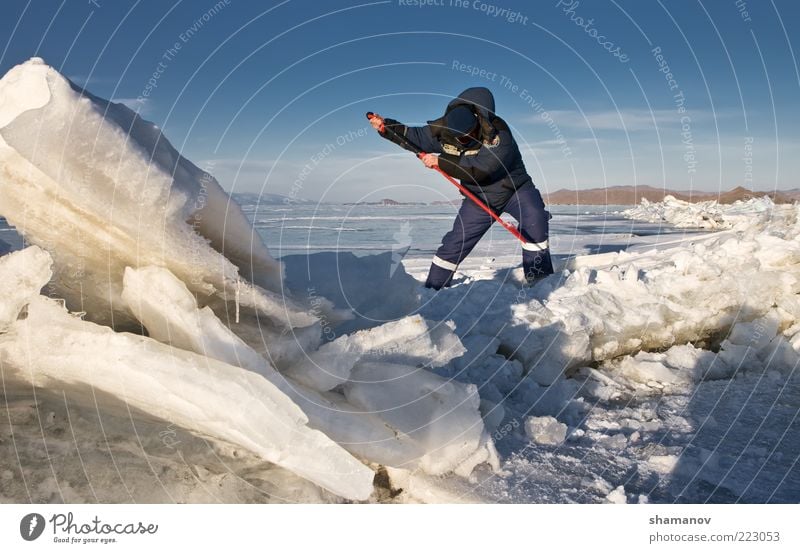 Crack in an ice of Baikal Vacation & Travel Expedition Winter Snow Man Adults Environment Landscape Sky Ice Frost Lake Blue Risk Buryatiya Siberia