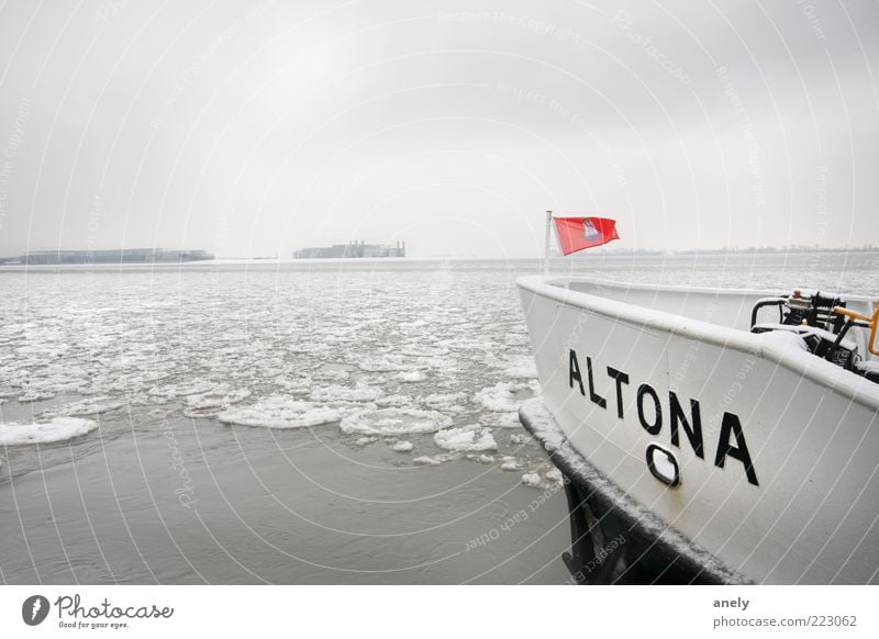 Hamburg on ice Winter Snow Landscape Water Ice Frost River bank Elbe Deserted Navigation Inland navigation Boating trip Ferry Fishing boat Contentment