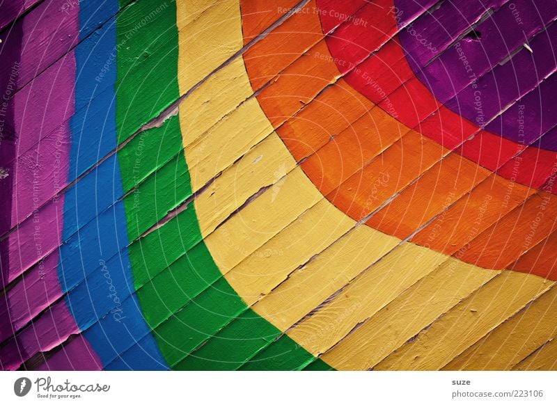 colour photograph Happy Wall (barrier) Wall (building) Facade Wood Sign Graffiti Stripe Happiness Positive Beautiful Blue Multicoloured Yellow Green Violet