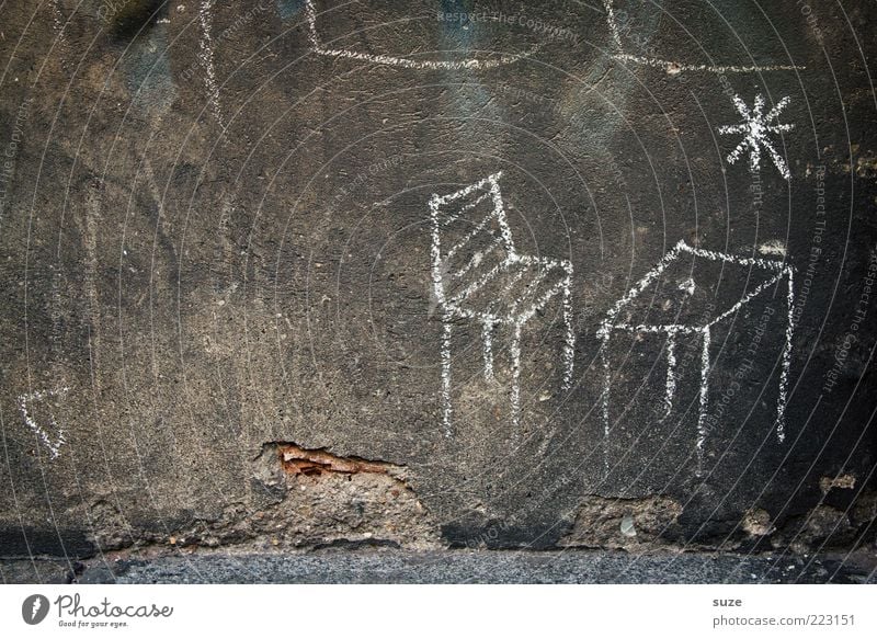 tablecloth cover Chair Table Wall (barrier) Wall (building) Facade Old Poverty Authentic Simple Uniqueness Broken Trashy Gloomy Sadness Plaster Derelict Chalk