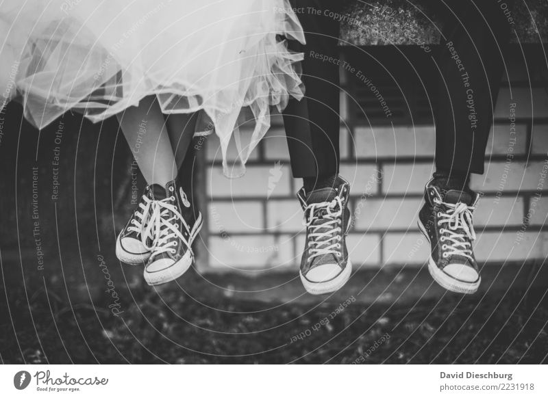 Wedding with Chucks Masculine Feminine Couple Partner Life Legs Feet Pants Dress Footwear Sneakers Happy Safety (feeling of) Agreed Together Love Infatuation