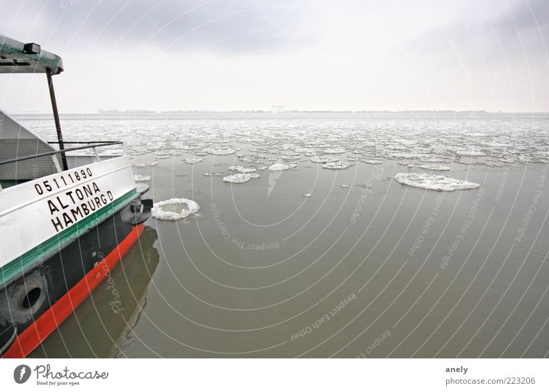 Altona on Ice Water Winter Frost Snow River Elbe Hamburg Navigation Inland navigation Ferry Serene Calm Contentment Loneliness Peace Horizon Climate Break Pure