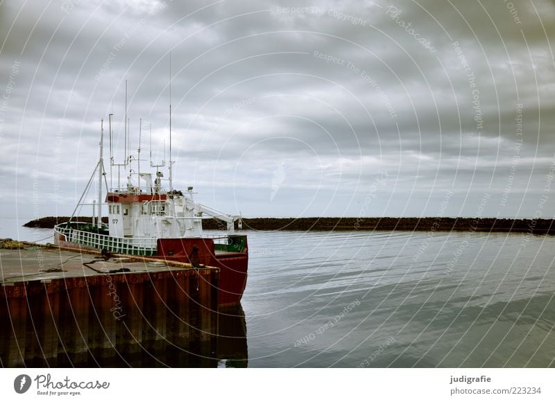 Iceland Economy Environment Nature Sky Clouds Climate Weather Coast Fjord acranes Port City Harbour Navigation Fishing boat Dark Moody Calm Jetty Colour photo