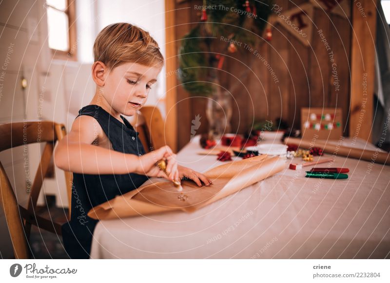 Toddler boy crafting christmas cards and gifts at home Joy Happy Winter Christmas & Advent Child Boy (child) Pen Cute Colour Creativity gift wrap Gift present