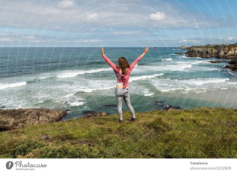 Leisure fun | walks on the beach. Young woman on the edge of the crib spreads her arms Far-off places Summer vacation Hiking Feminine 1 Human being Landscape