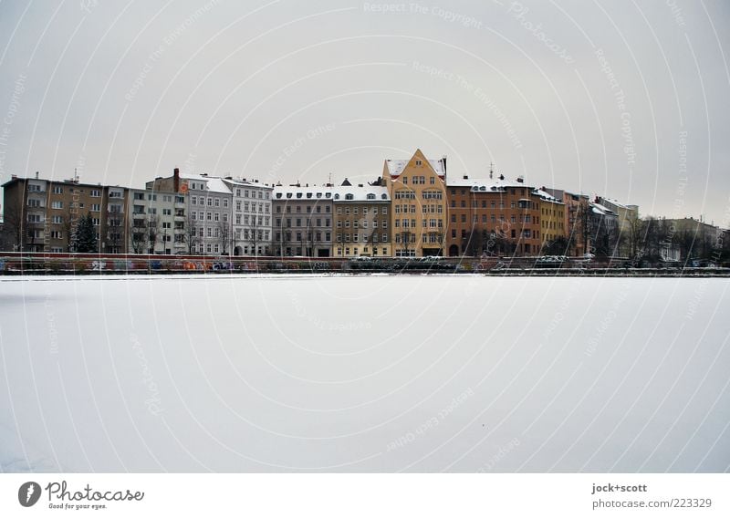 Row of houses middle Environment Sky Winter Bad weather Ice Frost Snow Lake Kreuzberg Facade Simple Cold Housefront Gloomy Classicism Subdued colour