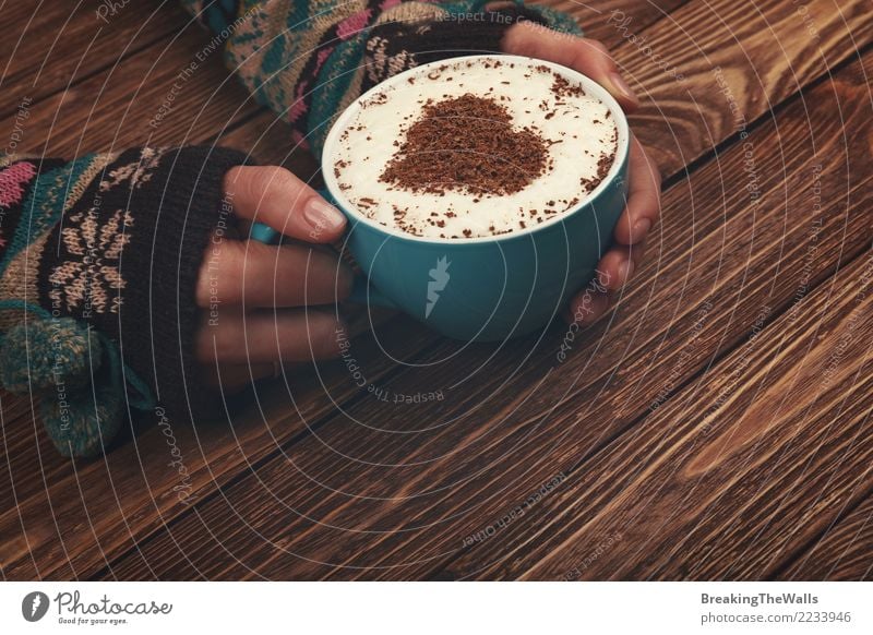 Woman hands hugging big cup of cappuccino coffee To have a coffee Beverage Drinking Hot drink Coffee Latte macchiato Mug Human being Feminine Young woman