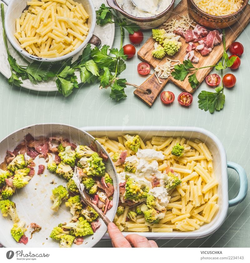 Cook pasta casserole Food Vegetable Nutrition Lunch Banquet Crockery Feminine Hand Design Style Sauce Broccoli Parmesan Macaroni Cooking Gratin Romanesco