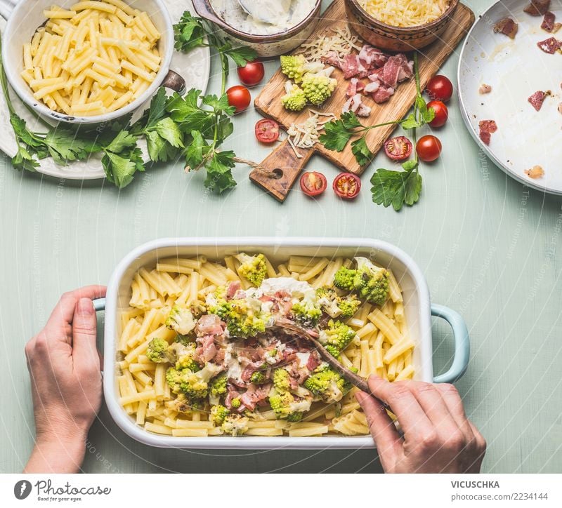 Female hands boil pasta gratin Food Nutrition Lunch Dinner Crockery Feminine Hand Design Style Broccoli Sauce Cooking Romanesco pasta bake Noodles Baked dish