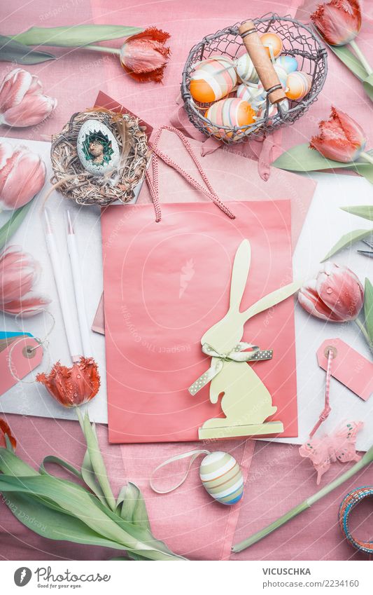 Easter decoration with tulips, eggs and bunnies Shopping Style Design Decoration Feasts & Celebrations Flower Tulip Bouquet Sign Pink Tradition