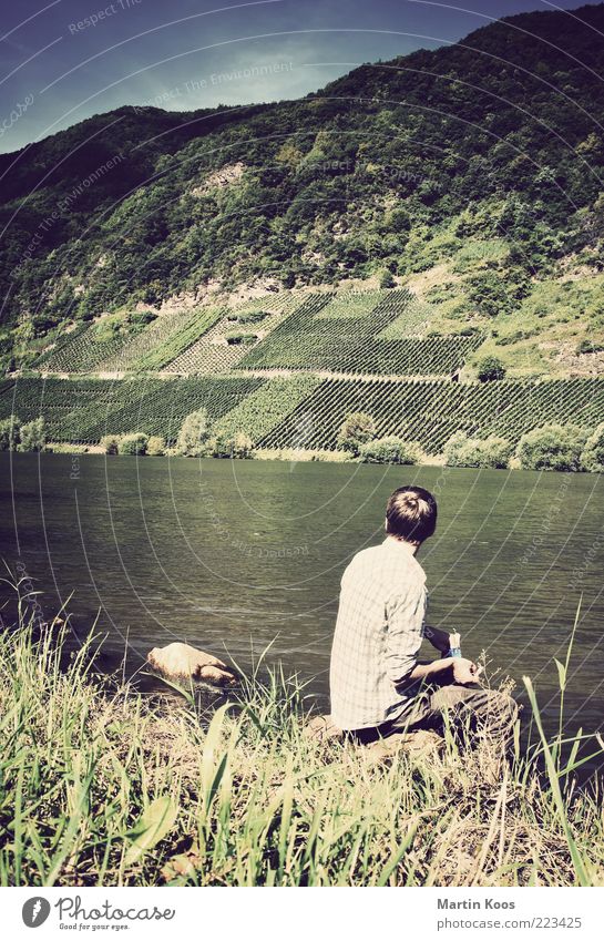 At the river Human being Masculine 1 Nature Landscape Hill River bank Adventure Contentment Loneliness Expectation Peace Hope Life Perspective Vacation & Travel