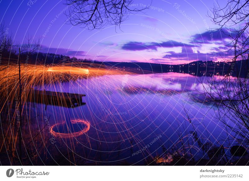 Silent lake and fireworks Environment Landscape Elements Fire Air Water Sky Clouds Horizon Sunrise Sunset Winter Beautiful weather Lake meadow lake Deserted