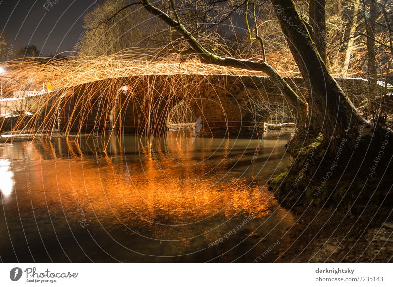 fire bridge Landscape Elements Earth Fire Air Winter Tree River nister river valley Ruin Architecture Bridge Arched bridge Monument Old Esthetic Hot Historic