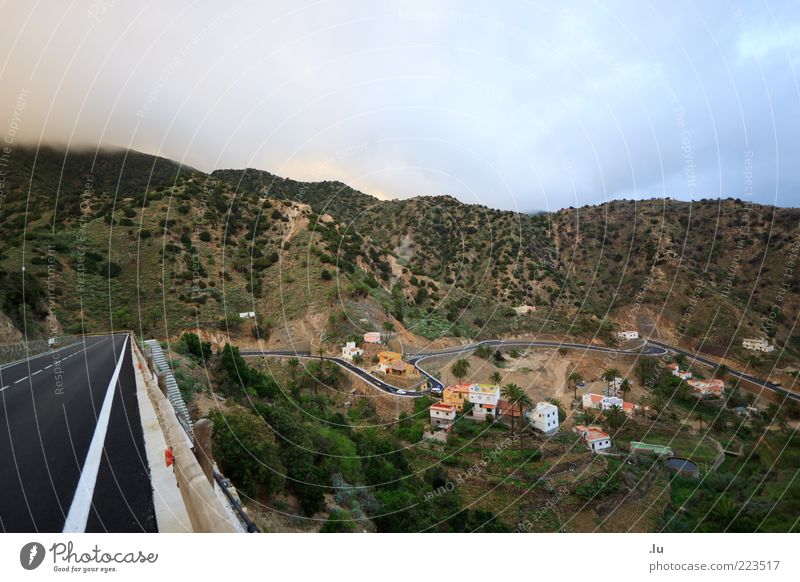 To the place always straight ahead Environment Nature Landscape Earth Air Drops of water Clouds Climate Climate change Weather Village Street Winding road