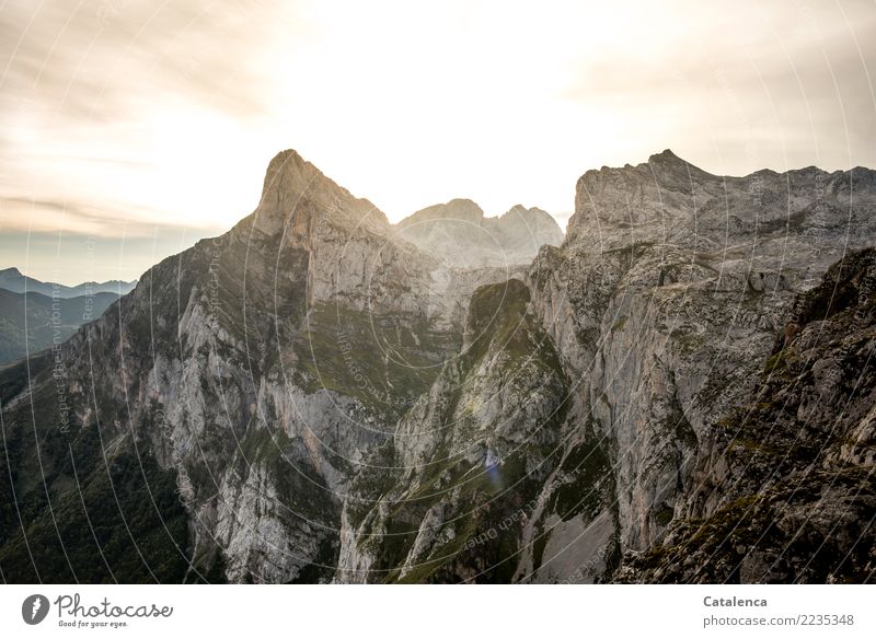 mountain slopes Fitness Mountain Mountain hiking Nature Sky Sunlight Summer Beautiful weather Grass Bushes Moss picos de europe Observe Hiking Authentic