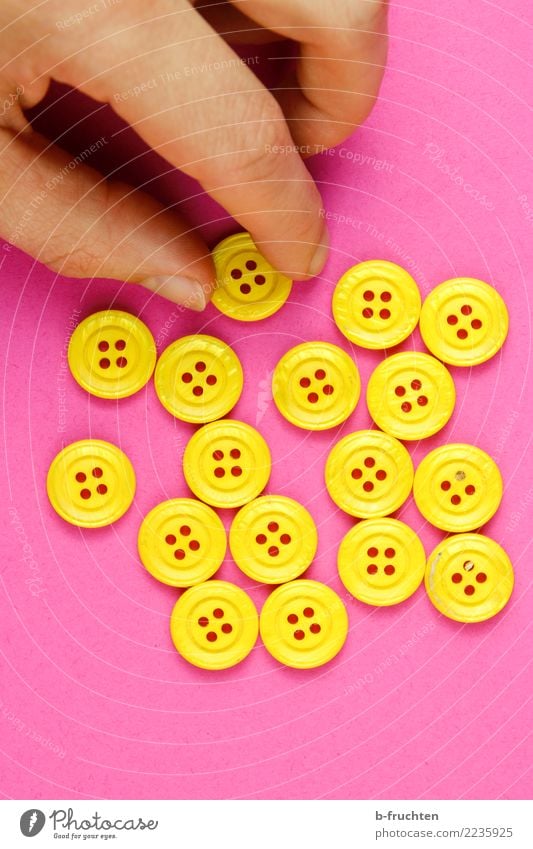 One has to go Man Adults Arm Fingers Plastic Sign Select To hold on Yellow Pink Elections Selection Buttons Playing Colour photo Studio shot Close-up