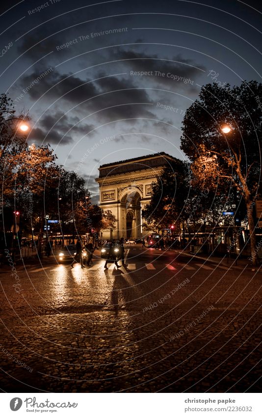 Triumphant City trip Human being Paris France Town Capital city Downtown Tourist Attraction Arc de Triomphe Street Going Old Historic Twilight Colour photo