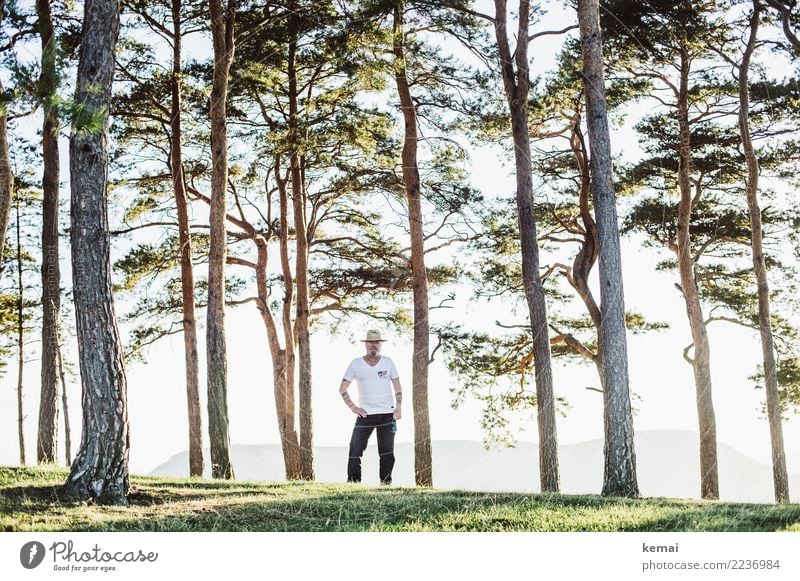 The man with the hat between trees Lifestyle Harmonious Well-being Contentment Relaxation Calm Leisure and hobbies Trip Freedom Human being Masculine